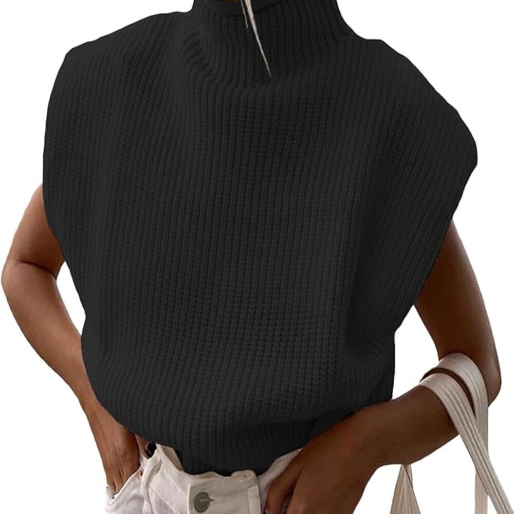 Structured Sleeveless Turtleneck Knit Sweater Cozy Fall Winter Layering